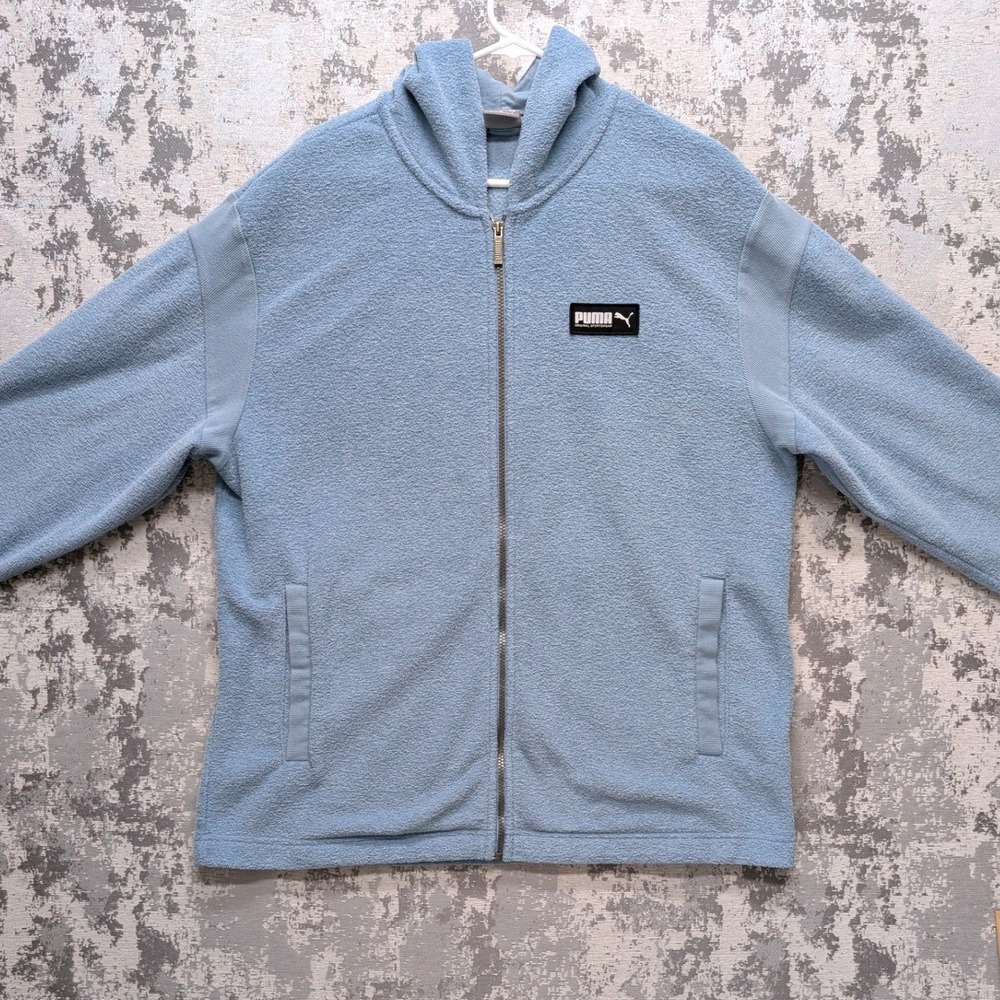 Puma‎ French Terry Fleece Zip Up Hoodie Light Blue Casual Athletic Sz Large GUC